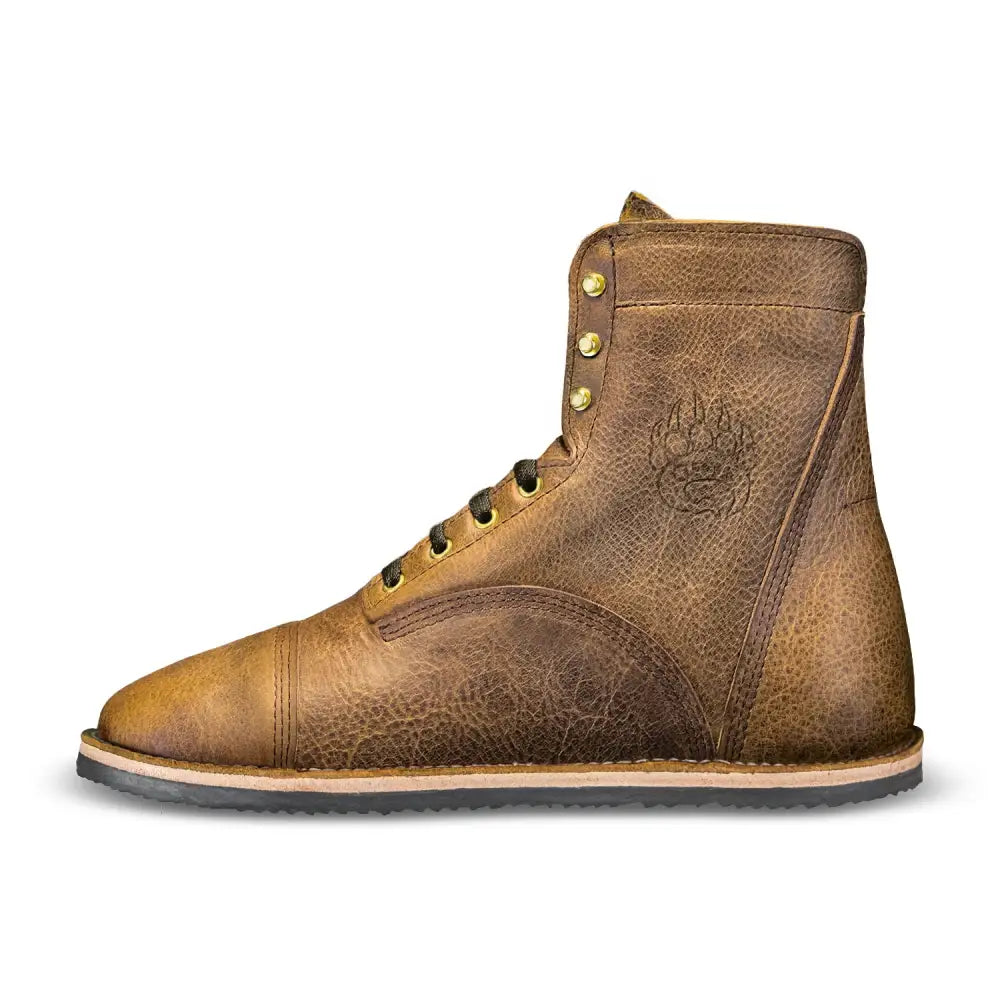 Bruin-Patriot Cognac barefoot boot in bison leather with embossed design