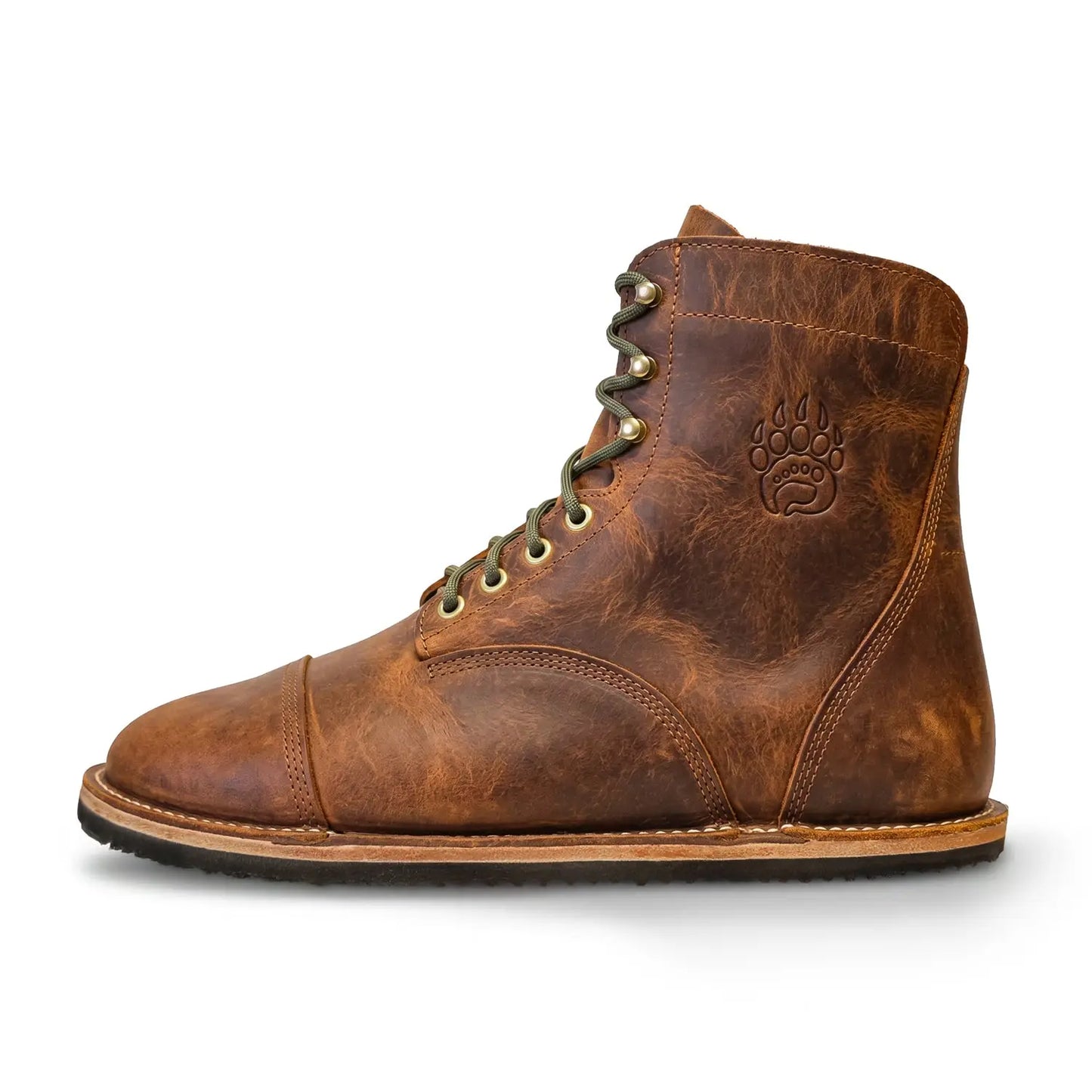 Brown leather high-top barefoot boot bruin-patriot cognac with olive laces brass eyelets and zero-drop sole
