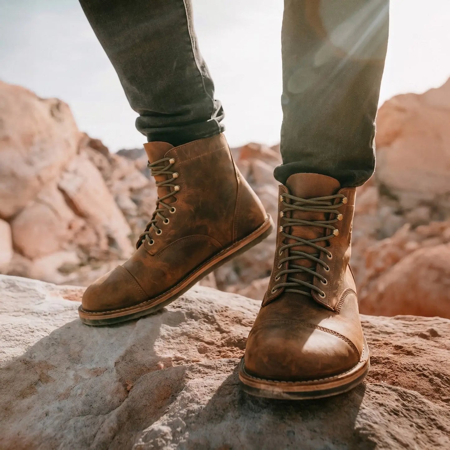 Brown leather lace-up bruin-patriot barefoot boot in cognac with rugged worn-in bison leather and zero-drop sole