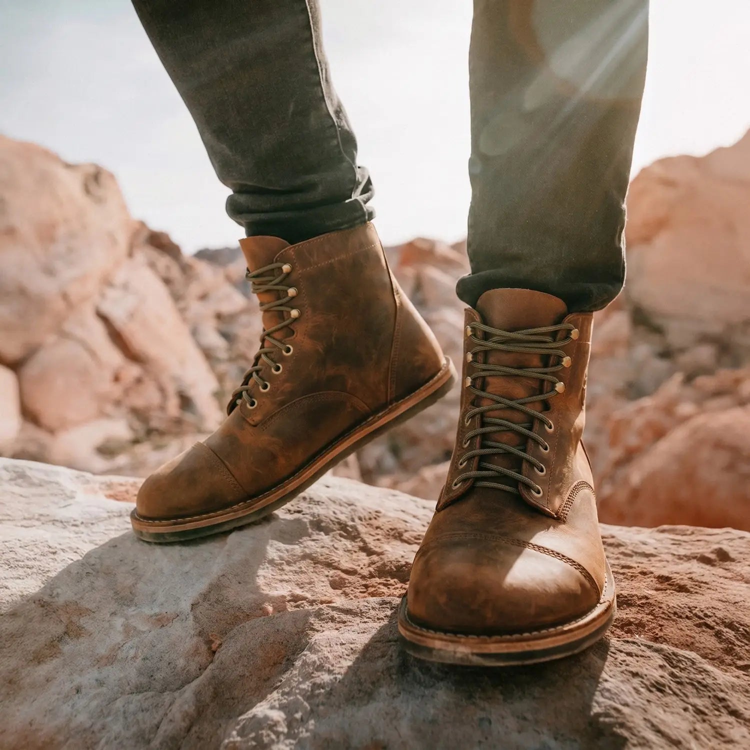 Brown leather lace-up bruin-patriot barefoot boot in cognac with rugged worn-in bison leather and zero-drop sole