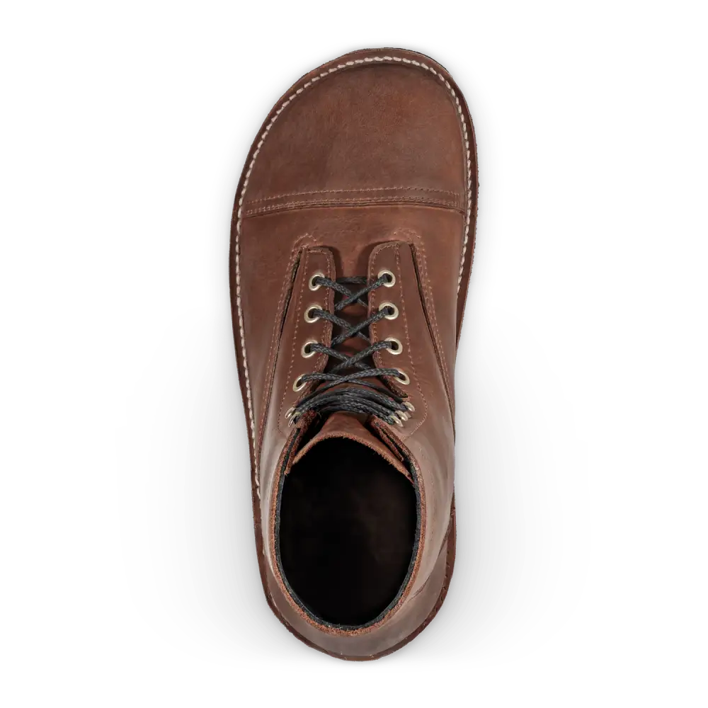 Rugged barefoot boot: Bruin-Patriot Crazy Horse brown leather lace-up with white stitching