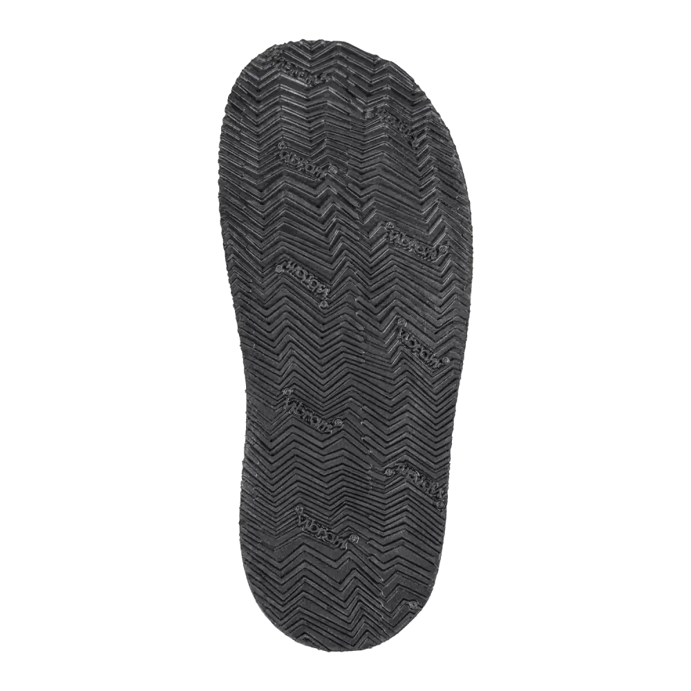 Rugged barefoot boot black rubber sole with zigzag pattern and Zara text in Crazy Horse