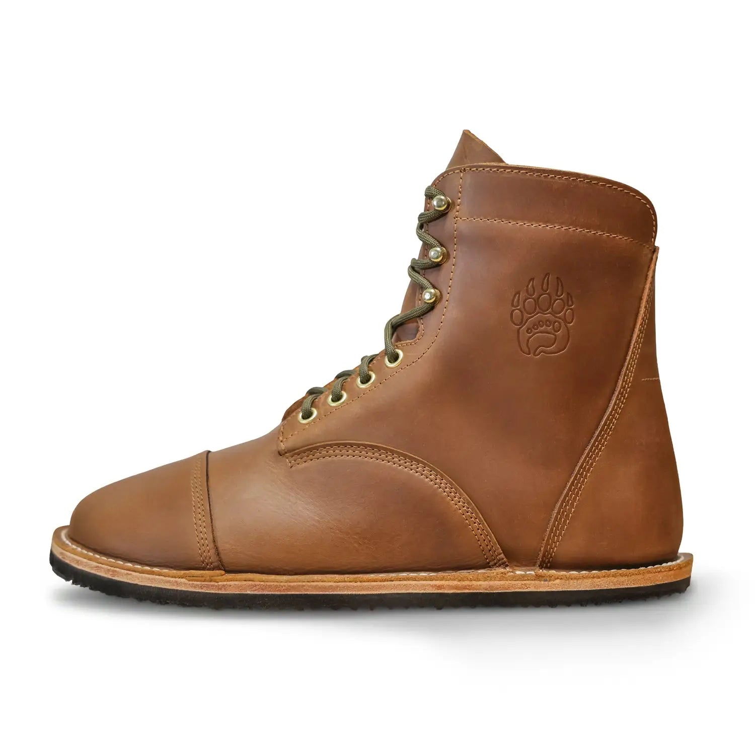 Brown leather rugged barefoot boot bruin-patriot crazy horse with olive laces and stitched paw print logo and zero-drop sole