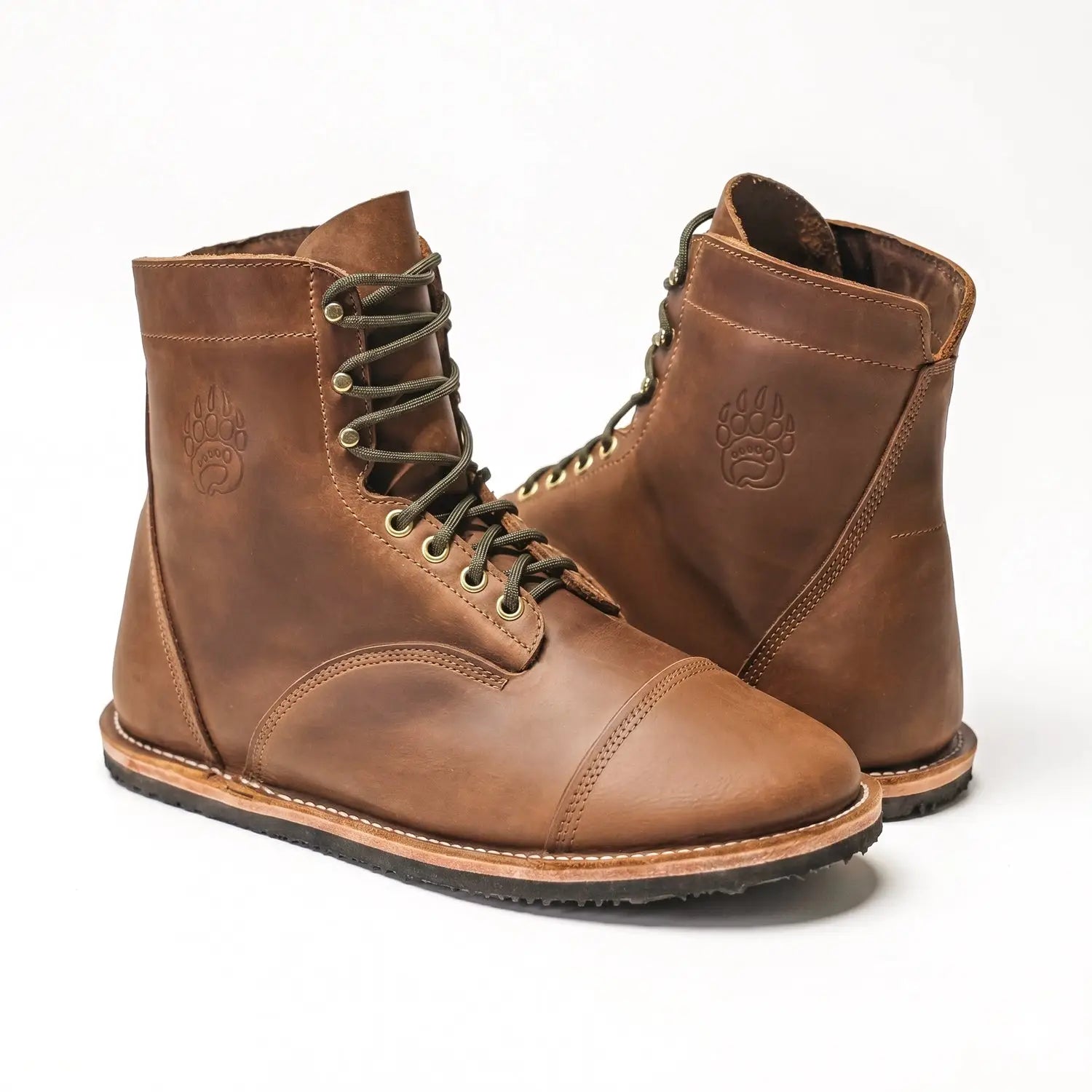 Brown leather lace-up bruin-patriot rugged barefoot boot with crazy horse leather zero-drop sole and paw print logo