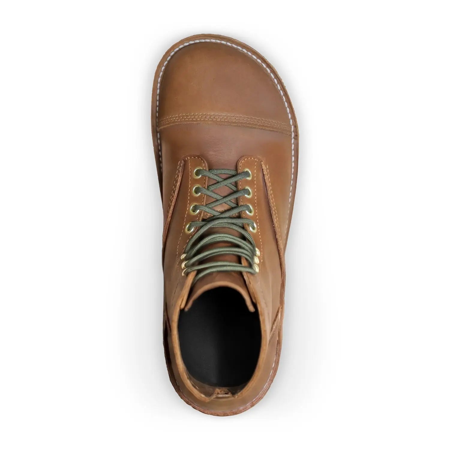 Tan leather bruin-patriot rugged barefoot boot with crazy horse leather, olive green laces, gold eyelets, and zero-drop sole
