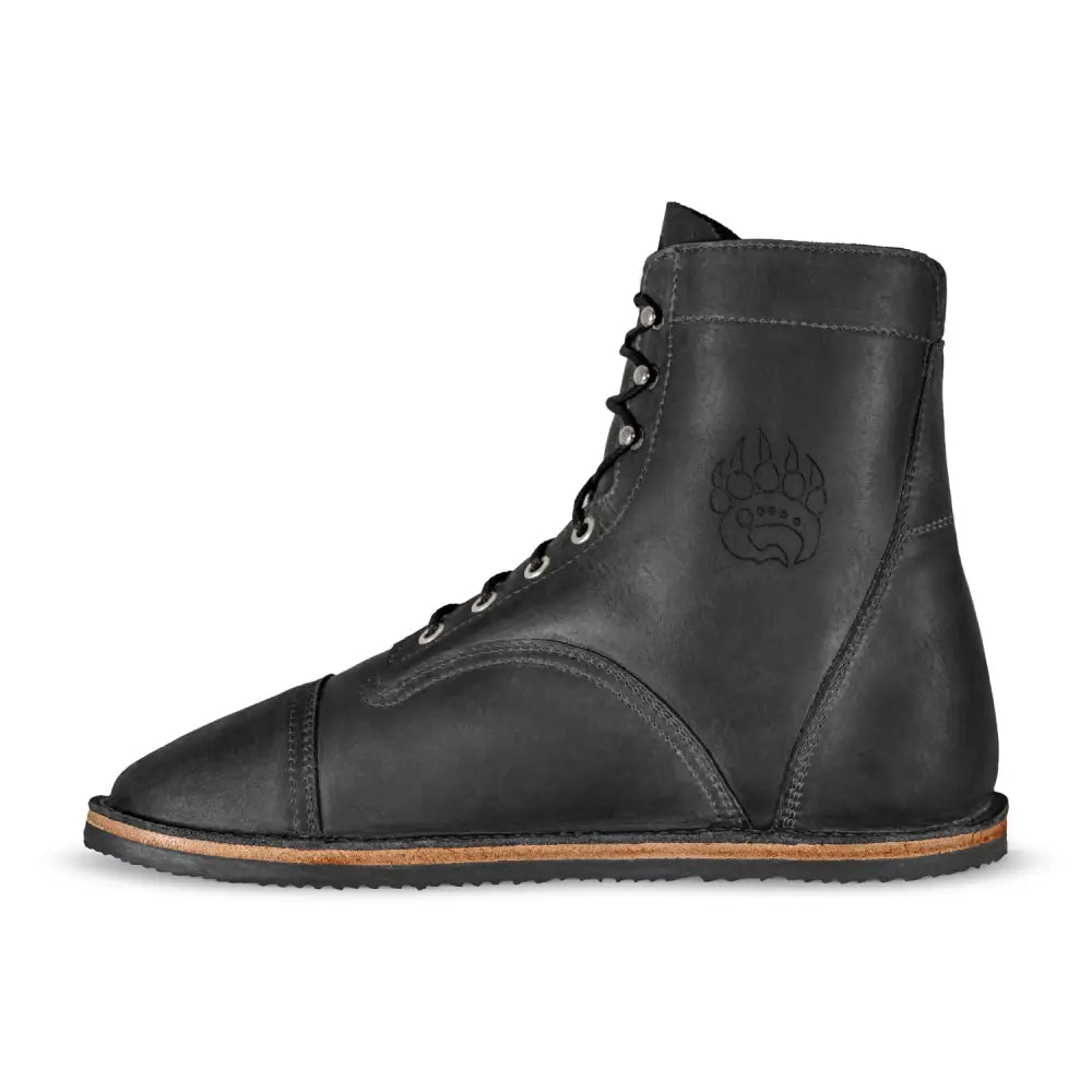 Bruin-Patriot Dark Horse black leather barefoot boot with flame sole