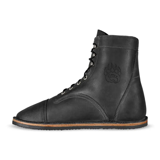 Bruin-Patriot Dark Horse black leather barefoot boot with flame sole