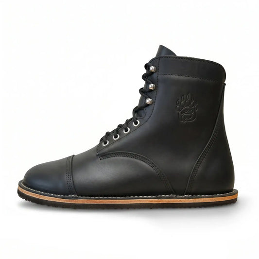 Bruyn-patriot dark horse black leather work boot with silver eyelets embossed paw print and zero-drop sole
