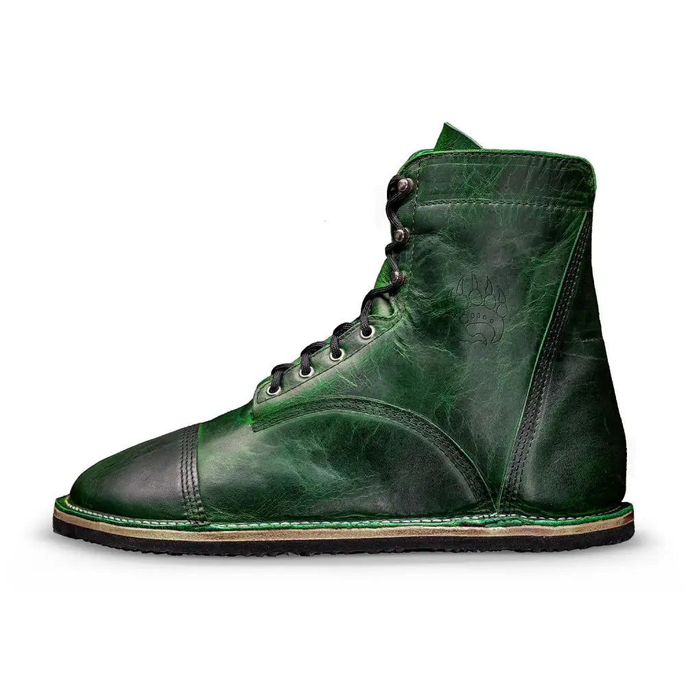 Raptor green bison leather barefoot boot with distressed texture and rubber sole