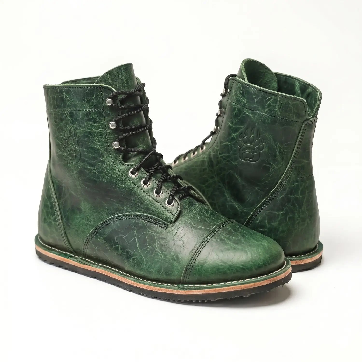 Bruin-Patriot raptor green rugged barefoot boot in dark green cracked bison leather with zero-drop sole and silver eyelets