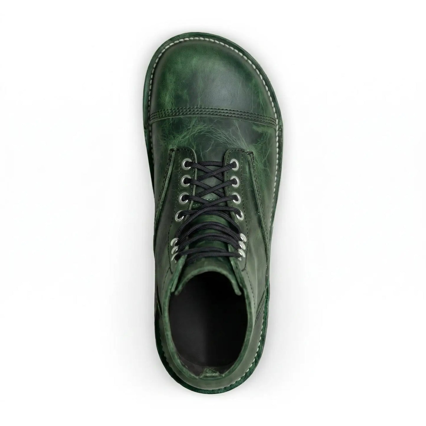 Bruin-Patriot raptor green rugged barefoot boot in dark green distressed bison leather with black laces and zero-drop sole