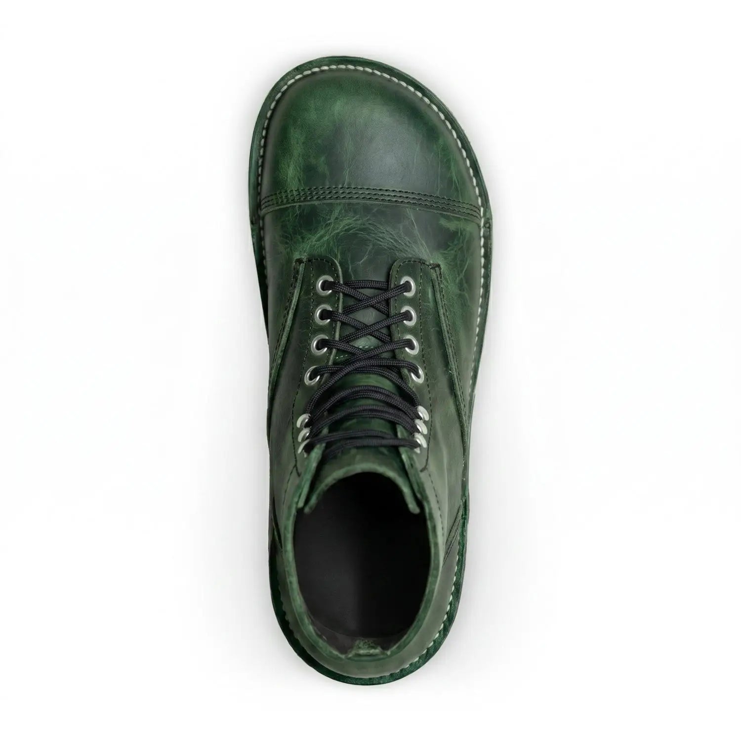 Bruin-Patriot raptor green rugged barefoot boot in dark green distressed bison leather with black laces and zero-drop sole