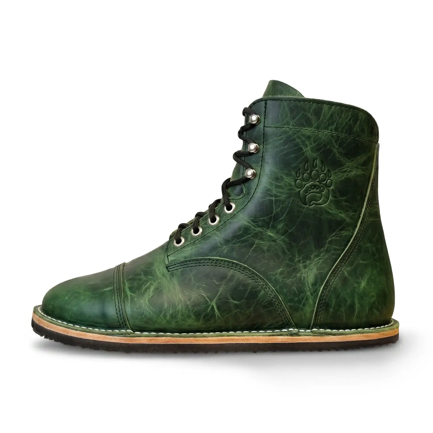 Bruin-patriot raptor green rugged barefoot boot in dark green distressed bison leather with black laces and zero-drop sole