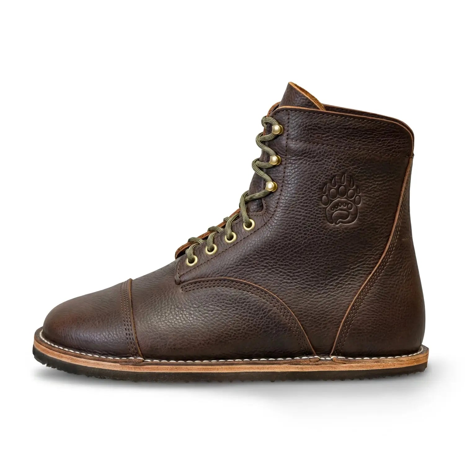 Bruin-Patriot tobacco brown leather rugged barefoot boot with tan laces, brass eyelets, and natural foot alignment