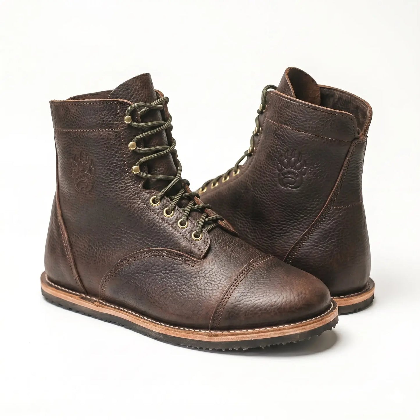 Bruin-patriot tobacco brown bison leather rugged barefoot boot with textured surface and gold-toned eyelets
