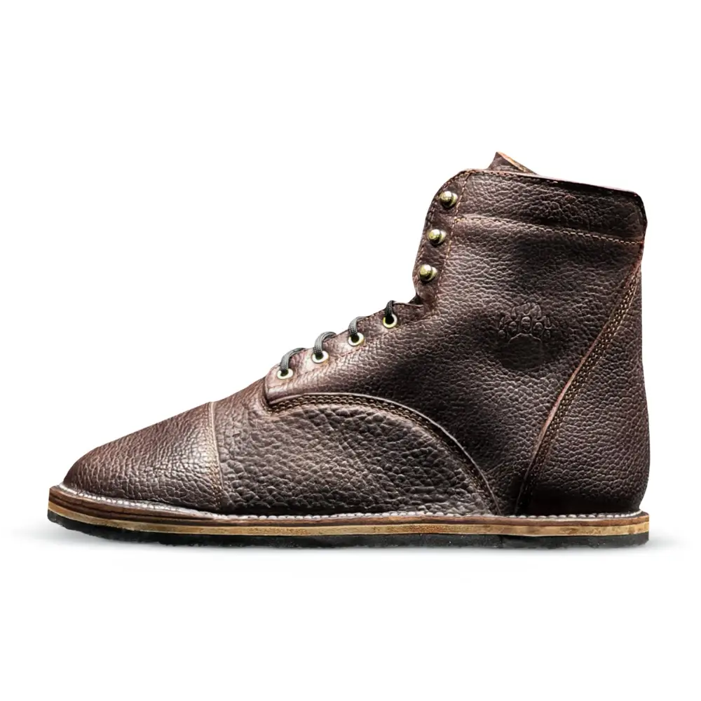 Brown shrunken bison leather high-top barefoot boot in Tobacco