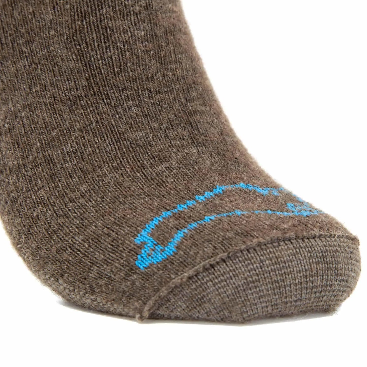 Brown knit Casual Crew 2.0 sock with blue logo toe for barefoot shoes