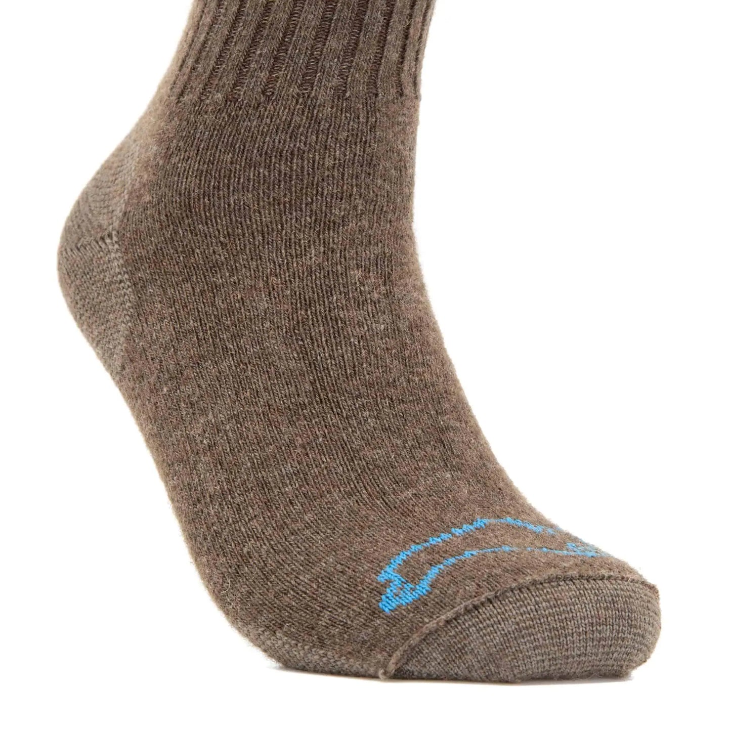 Brown knit Casual Crew 2.0 sock with ribbed cuff and blue toe logo