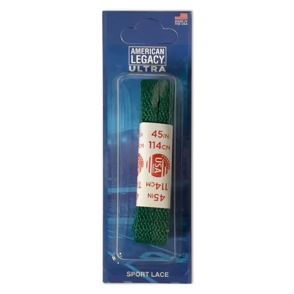 Classic cotton colored American Legacy Ultra green sport laces in clear package