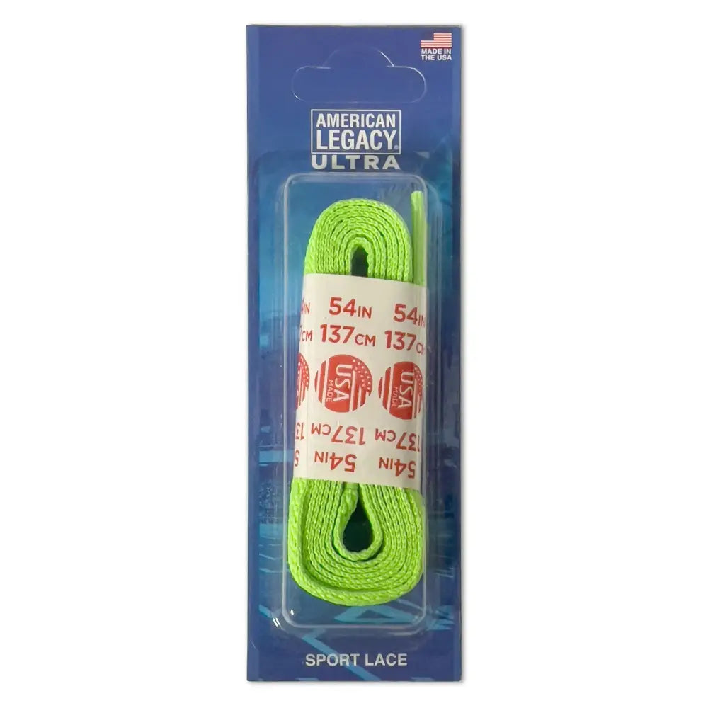 Neon green classic cotton colored shoelaces in clear packaging with American Legacy Ultra branding
