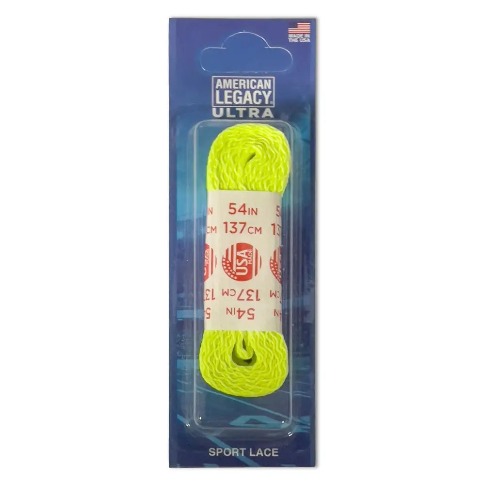 Classic cotton colored neon yellow sport laces in clear packaging with American Legacy Ultra branding
