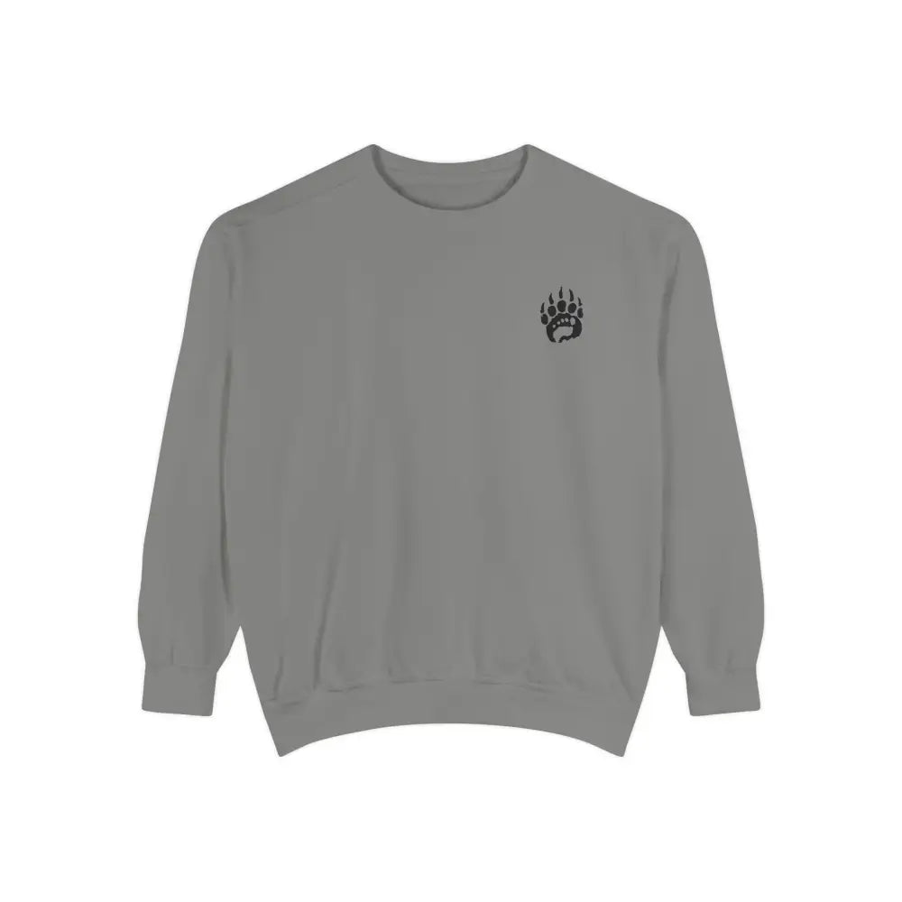 Gray garment-dyed crewneck sweatshirt with black paw print logo