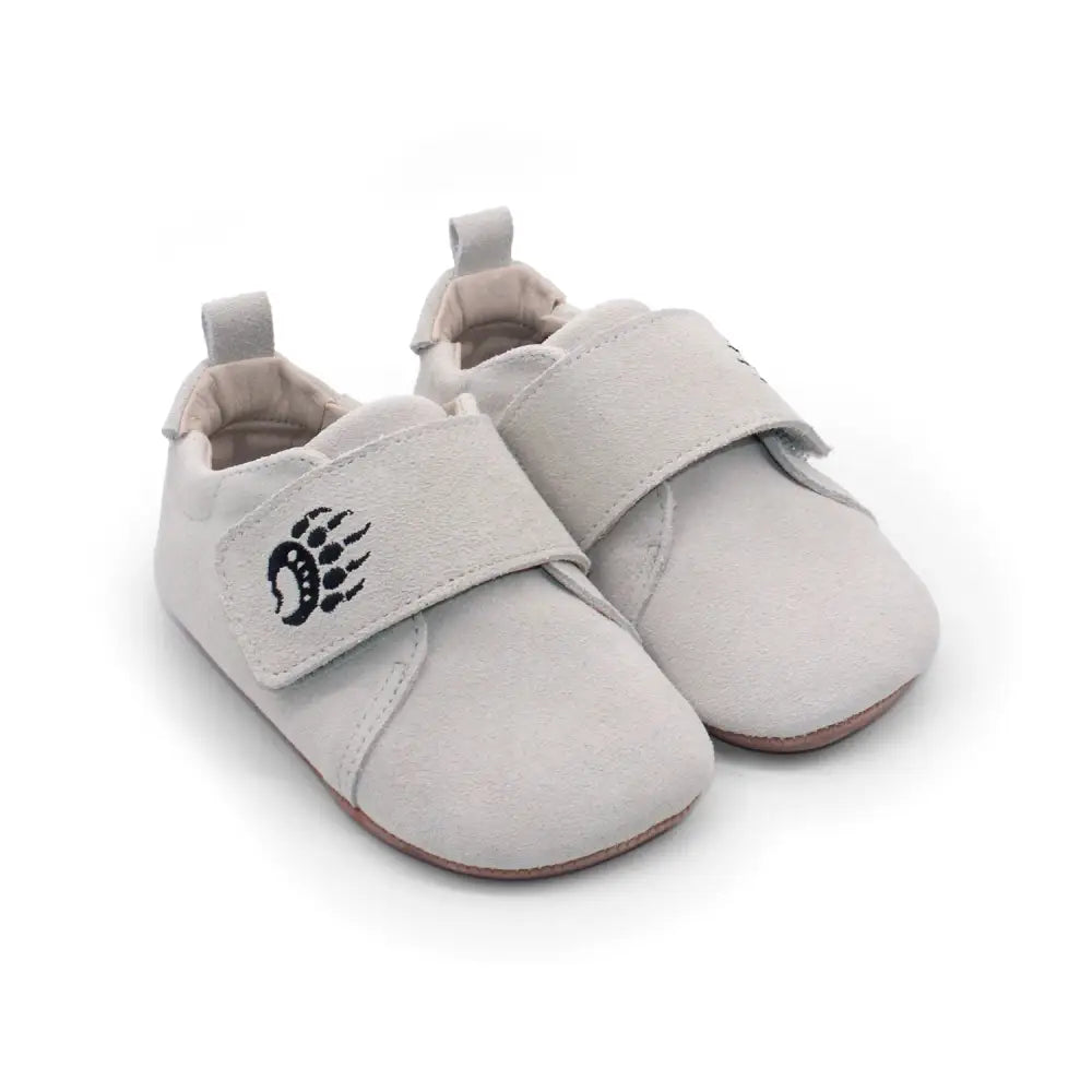 Light gray Cub SV Cloud baby moccasins with bear paw strap for toddler’s natural development