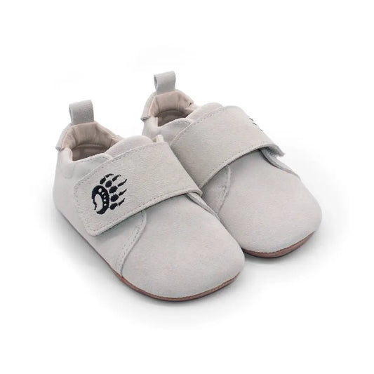 Light gray Cub SV Cloud baby moccasins with bear paw strap for toddler’s natural development