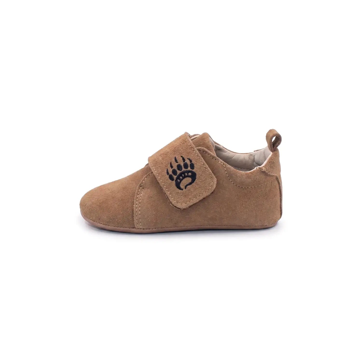 Tan suede baby shoe cub sv oak with black embroidered paw print on velcro strap for toddlers natural foot barefoot shoes