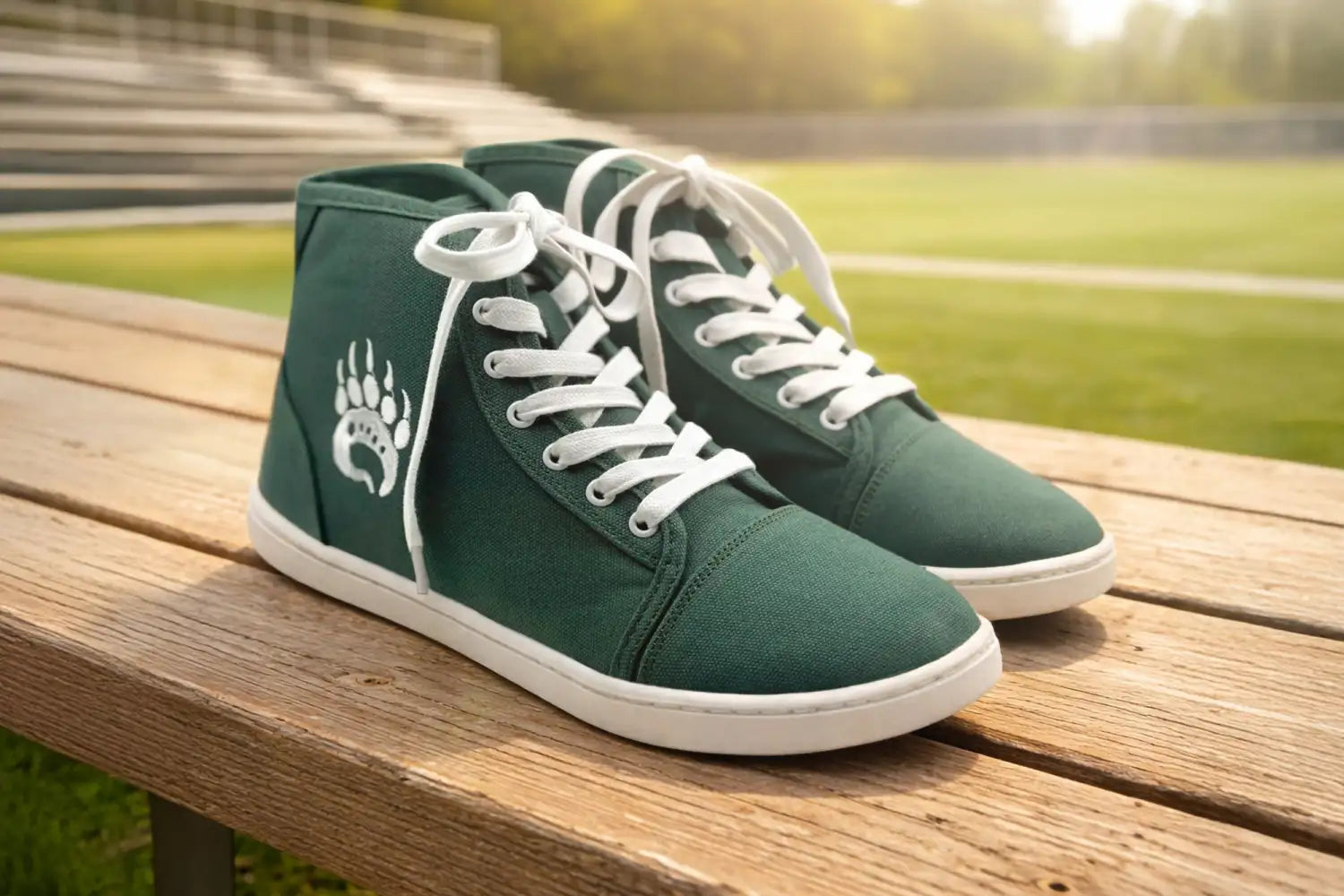 Dark green high-top canvas sneakers with white laces and a white rubber sole, featuring a white paw print logo on the side.