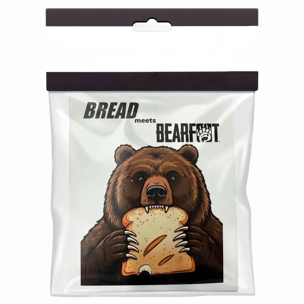 Brown bear holding white bread loaf with elastic shoelaces design