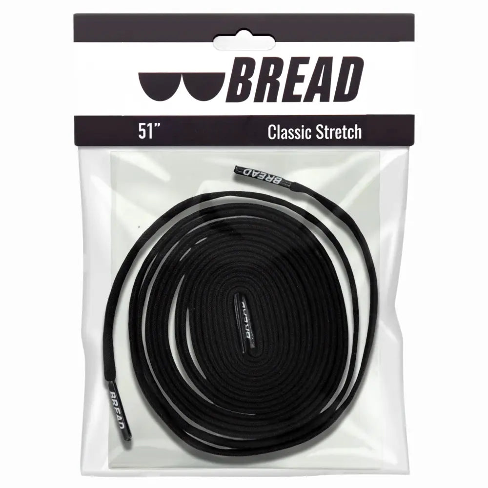Black elastic shoelaces with Bread branding, 51 inch stretch cord, reinforced aglets