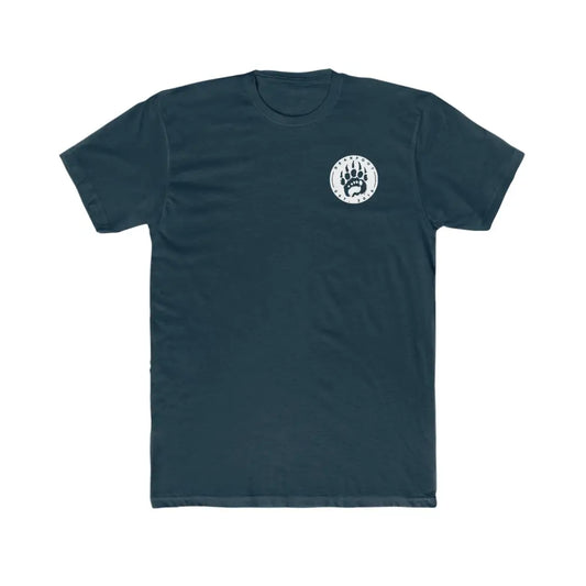 Dark teal Emblem Tee with white bear paw graphic in circular border