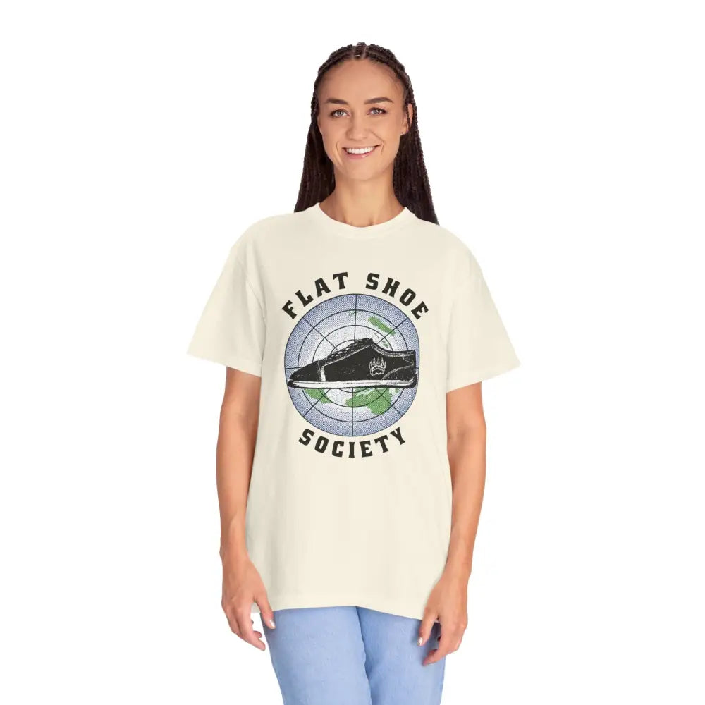 Flat Shoe Society cream t-shirt with shoe on earth graphic