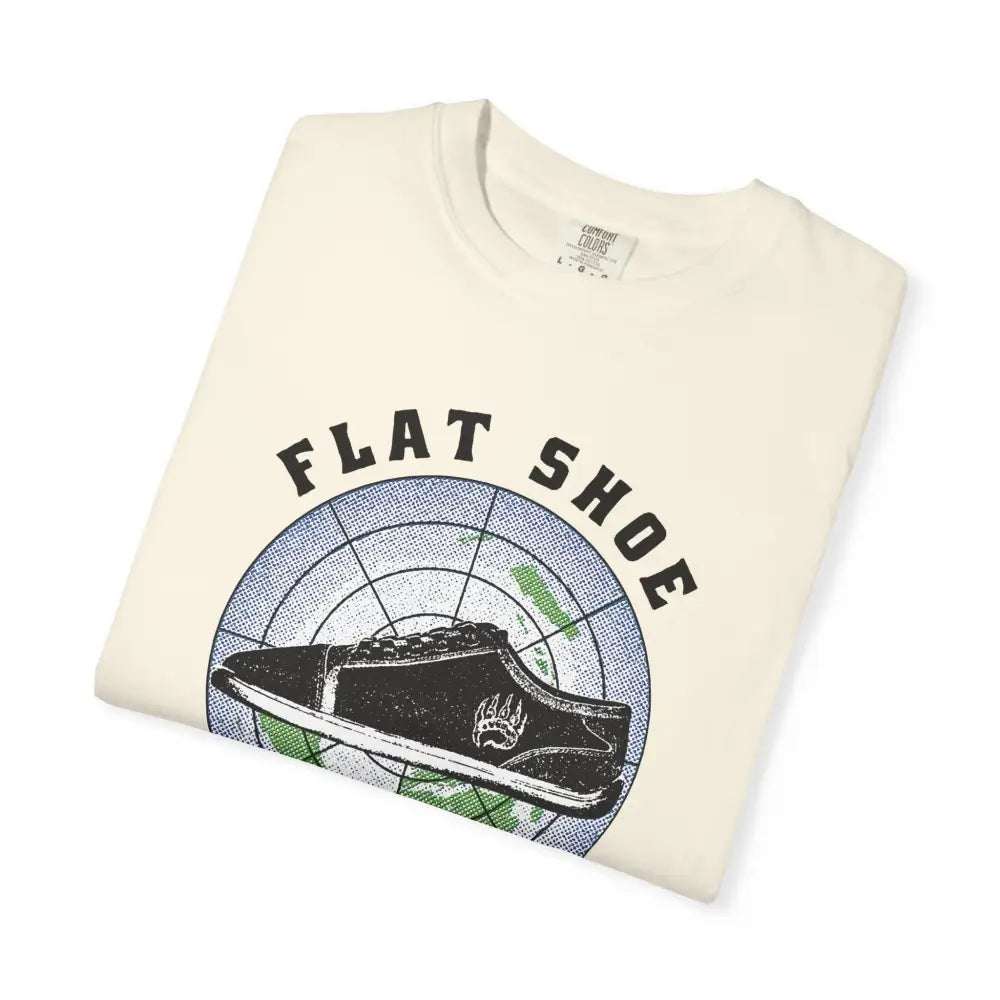 Flat Shoe Society t-shirt with cream flat shoe graphic on globe