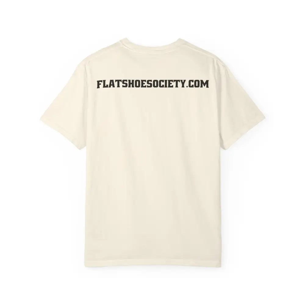 Flat Shoe Society cream t-shirt with flatshoesociety.com on back