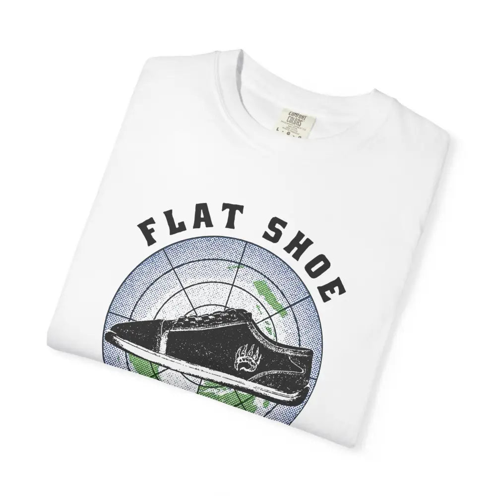 Folded Flat Shoe Society T-Shirt with white base and black green shoe design