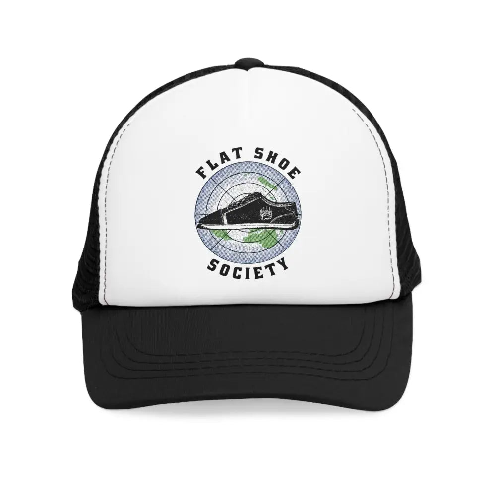 Flat Shoe Society trucker hat with vibrant black brim and white crown sneaker graphic