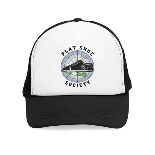Flat Shoe Society trucker hat with vibrant black brim and white crown sneaker graphic