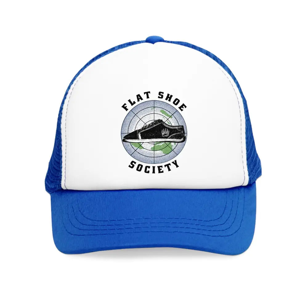 Royal blue and white Flat Shoe Society trucker hat with vibrant color combinations