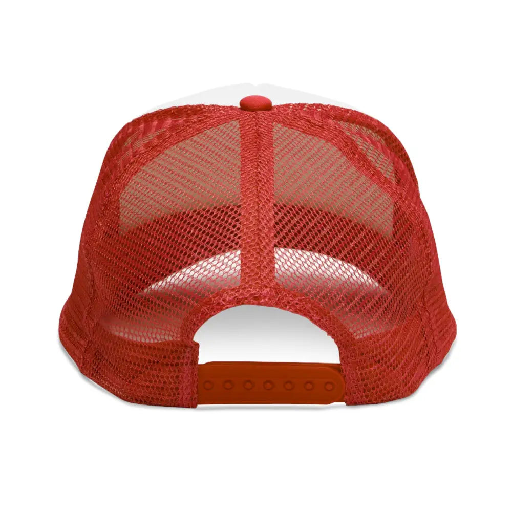 Red mesh trucker cap in vibrant color combinations with white brim