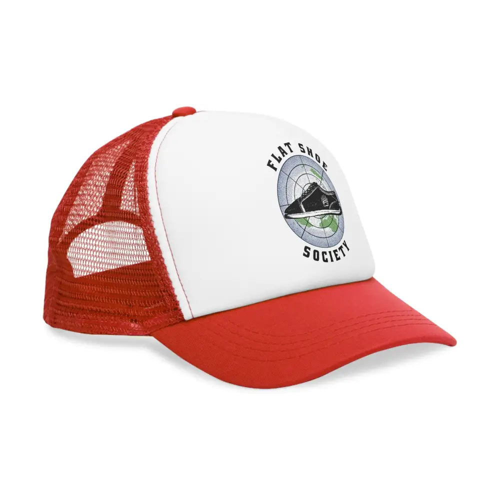 Red and white mesh trucker cap with Flat Shoe Society logo in vibrant color combinations