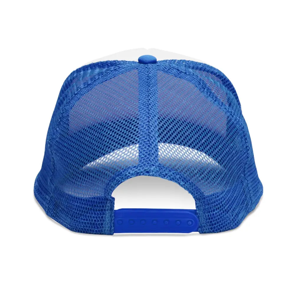 Royal blue Flat Shoe Society trucker hat with white brim and vibrant color combinations