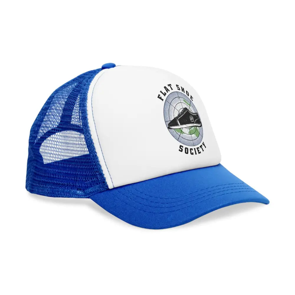 Royal blue and white Flat Shoe Society trucker hat in vibrant color combinations