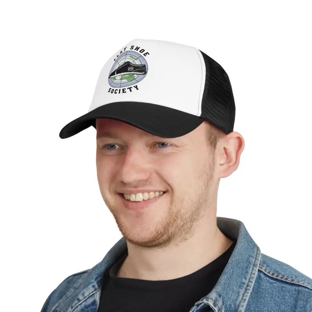 Flat Shoe Society trucker hat in white black with vibrant green train