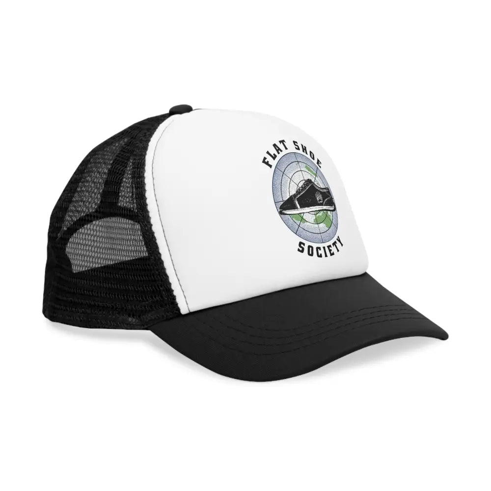 Flat Shoe Society trucker hat in vibrant black and white mesh