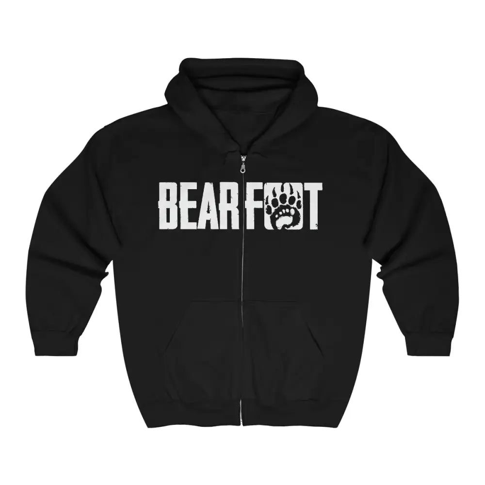 Black full-zip hooded sweatshirt with bear paw and Bear Foot text