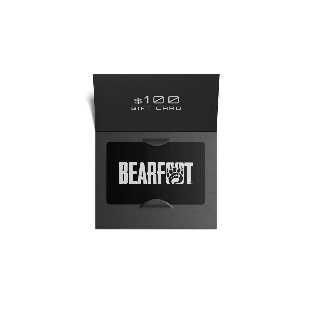 Bearfoot $10 gift card in sleek black box with white logo