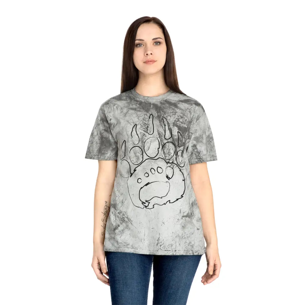 Grunge T-Shirt: Gray tie-dye with unique color blast bear paw graphic