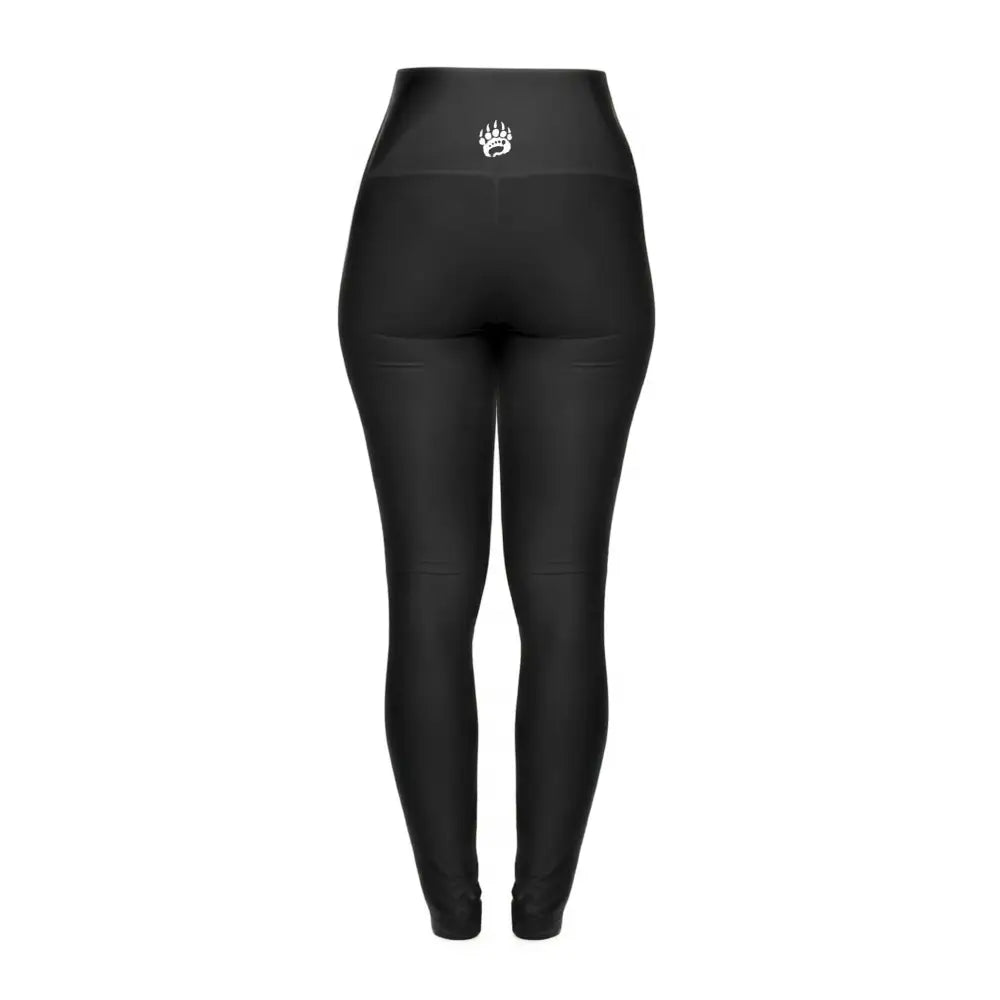 High waisted black leggings with white logo and durable fabric blend